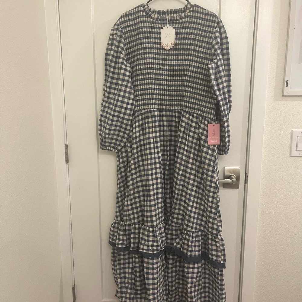 Ivy City Co Navy and White Gingham Maxi Dress